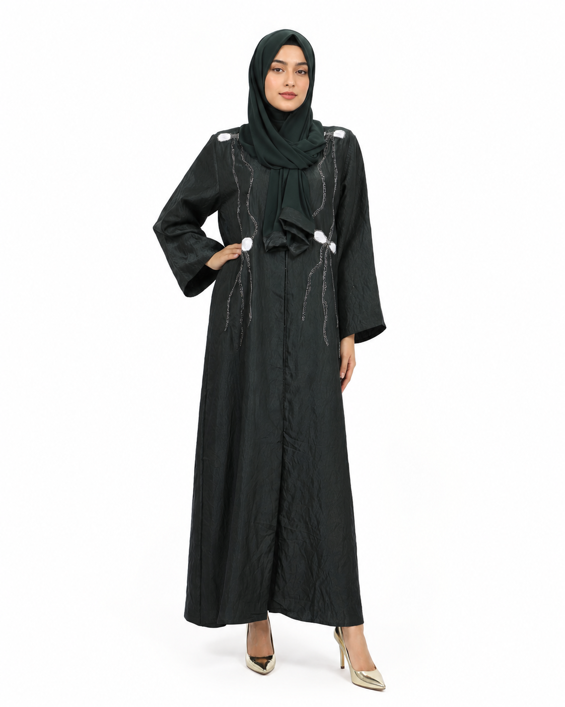 Deep Forest Green Pearl Motif Front Open Abaya